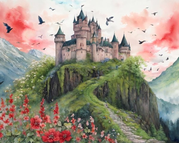 Majestic castle on a hill with vibrant flowers and mountains