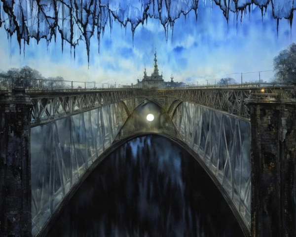 Grand Bridge Over Reflective Water in Mystical Setting