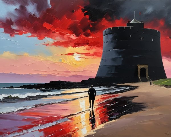 Dramatic Coastal Scene with Tower and Sunset Sky