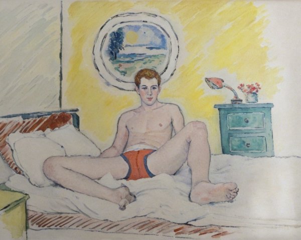 Young man in orange swim briefs on a bed scene