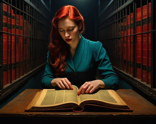 Woman with Red Hair Reading at Wooden Table