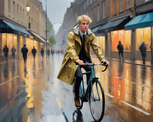 Young man in yellow raincoat biking on wet street