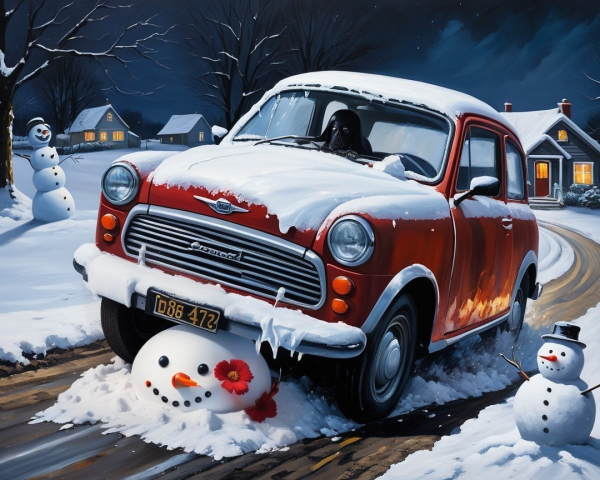 Vintage Red Car Stuck in Snowy Winter Scene