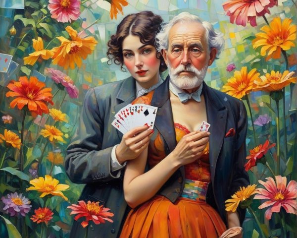 Young Woman and Elderly Man in Colorful Garden Scene