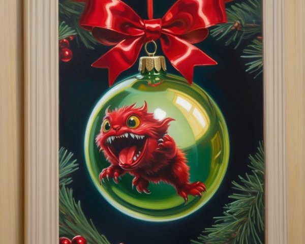 Whimsical Holiday Ornament with Red Creature and Bauble