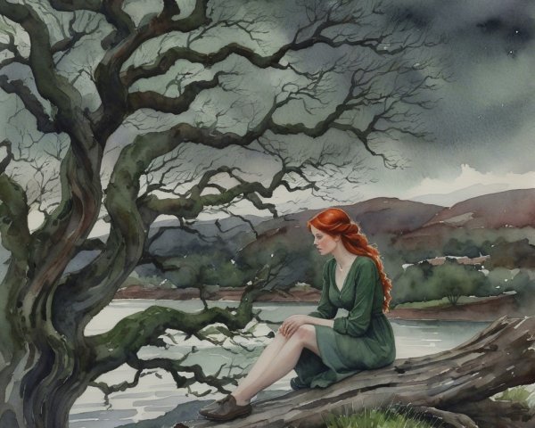 Watercolor Scene of Woman by a Calm Lake