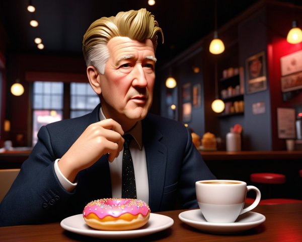 Stylized character in café with donut and coffee