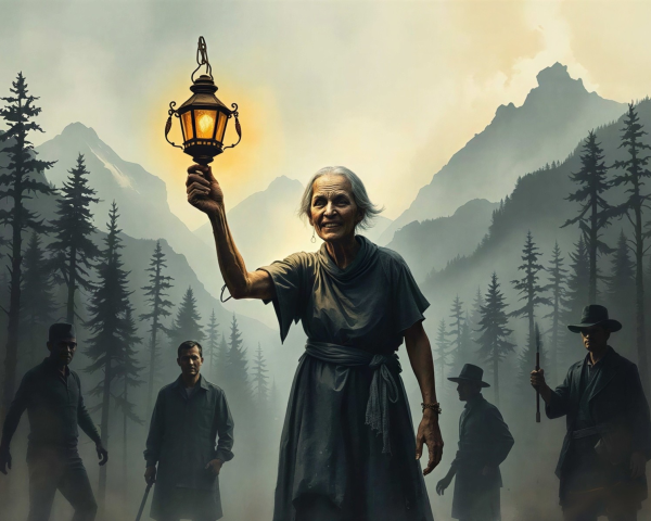 Old woman with lantern in misty forest scene