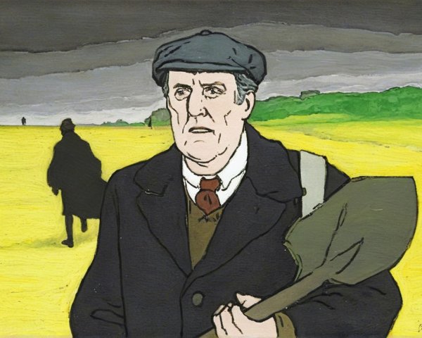 Somber Figure in Yellow Field with Shovel and Cap
