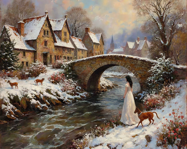 Snowy European Village with Woman and Dogs in Landscape
