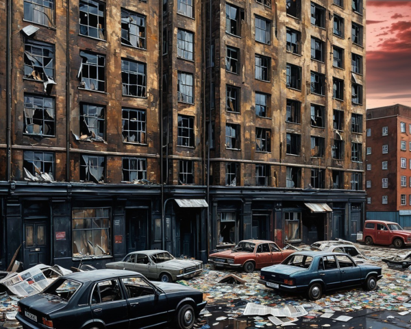 Urban Decay Scene with Dilapidated Building and Debris