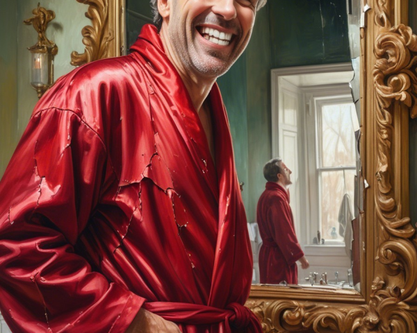 Man in Red Robe by Vintage Mirror with Classic Decor