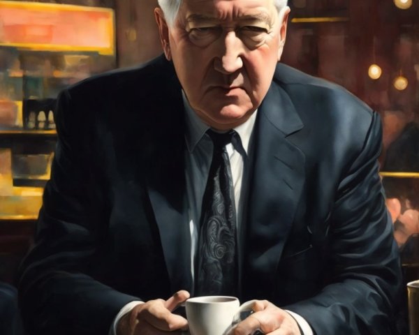 Man in Suit Contemplates Donut in Cozy Café Setting