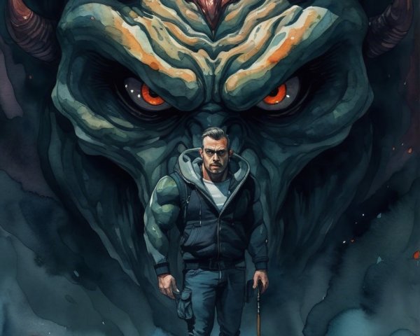 Muscular Man Confronts Demon in Dark Atmosphere