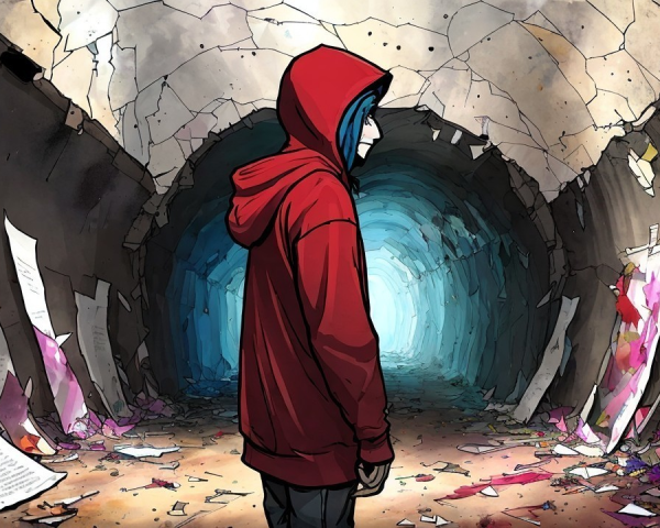 Lone Figure in Red Hoodie in Dark Tunnel Illustration