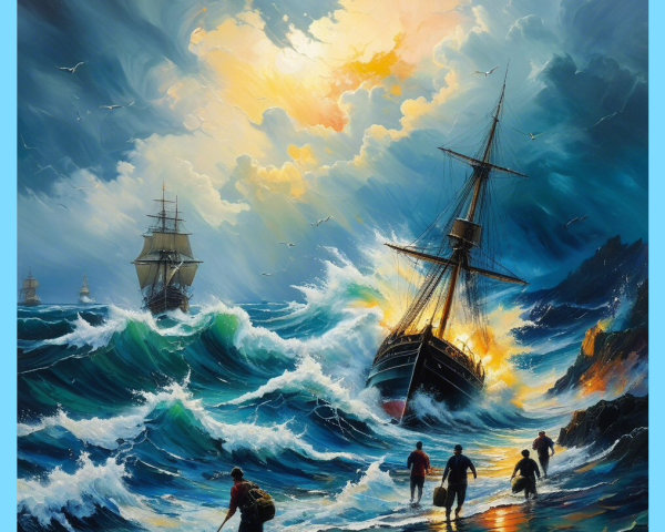 Dramatic Seascape with Stormy Waves and Ships