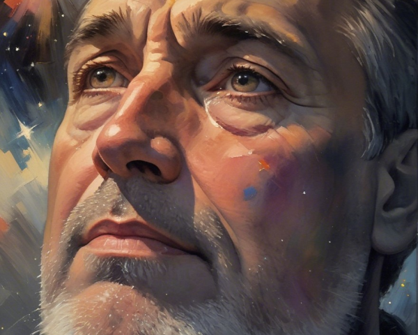 Contemplative Man Against Cosmic Background in Painting