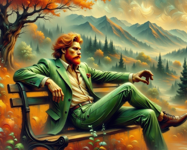 Stylish Man in Green Suit Against Autumn Landscape