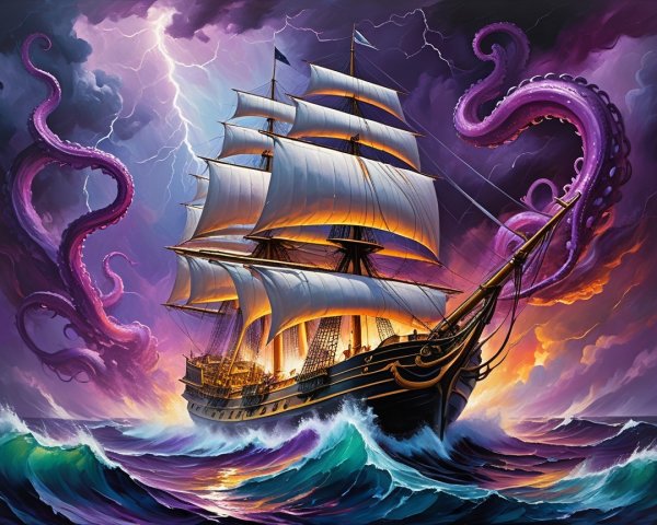 Majestic sailing ship amidst turbulent seas and lightning