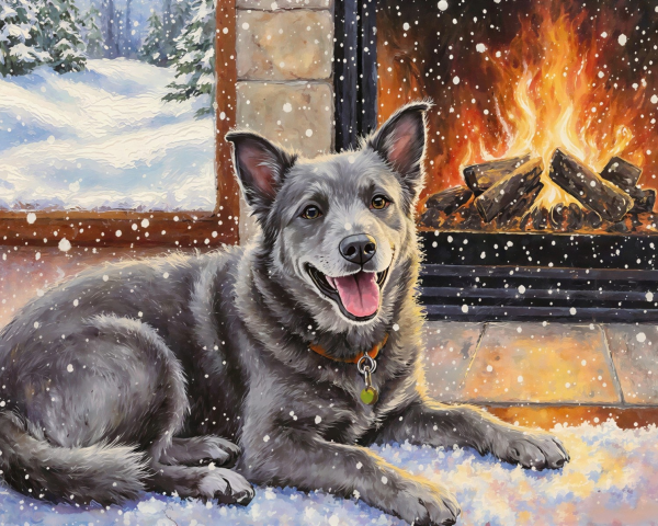 Happy Grey Dog by Fireplace in Snowy Setting