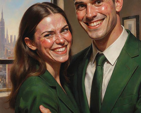 Oil Painting of a Couple in Dark Green Suits