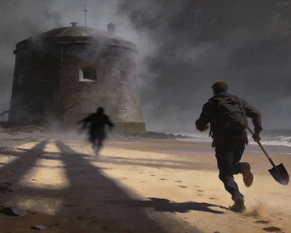 Man with Backpack and Shovel on Misty Beach