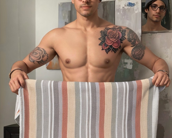 Young man with tattoos and beanie in a blurred setting