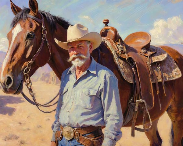 Oil Painting of Older Man with Horse and Cowboy Hat