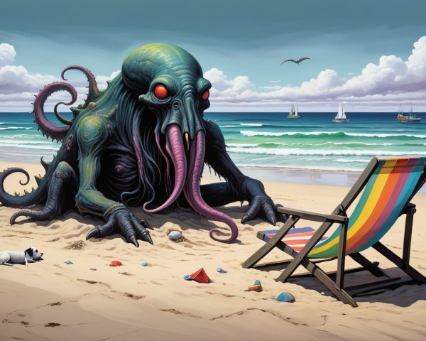 Tentacled Sea Creature Relaxing on Beach Scene