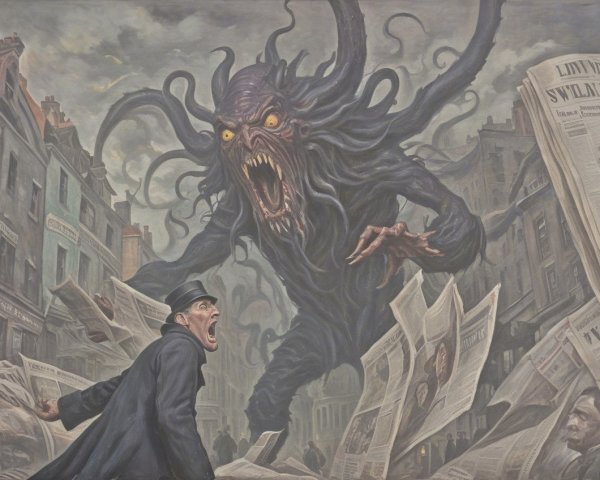 Monstrous Figure in Dark Chaotic Street Scene