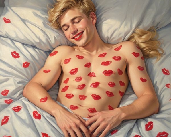 Young man on bed with lipstick kisses and soft sheets