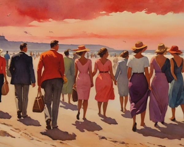 Vibrant Beach Scene with Elegantly Dressed Strollers