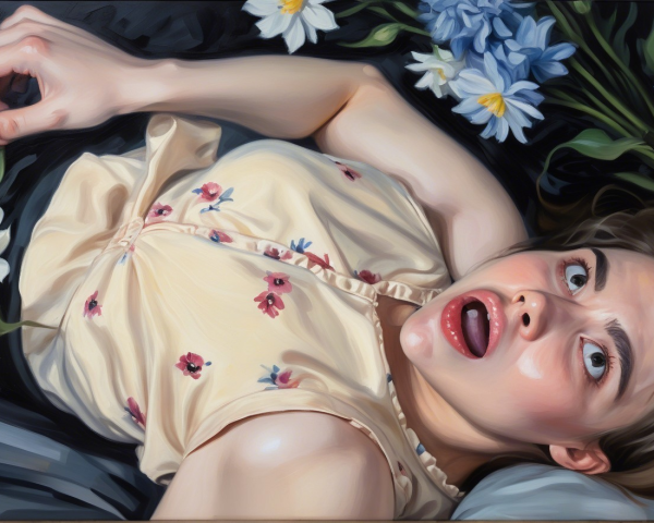 Young woman in floral blouse surrounded by flowers