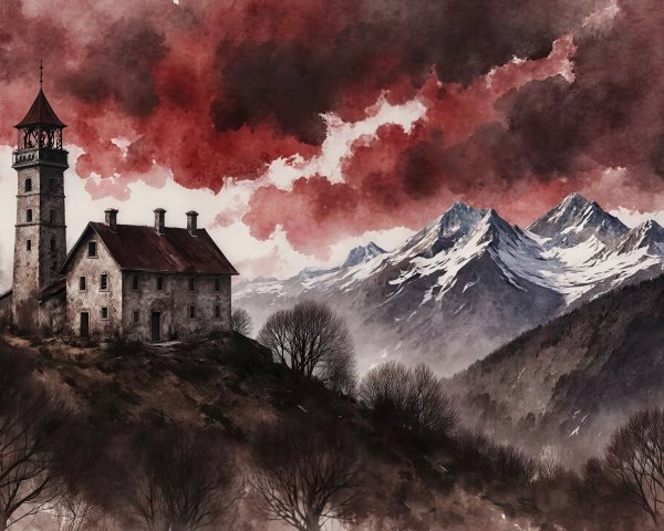 Watercolor of a stone building on a hillside with mountains