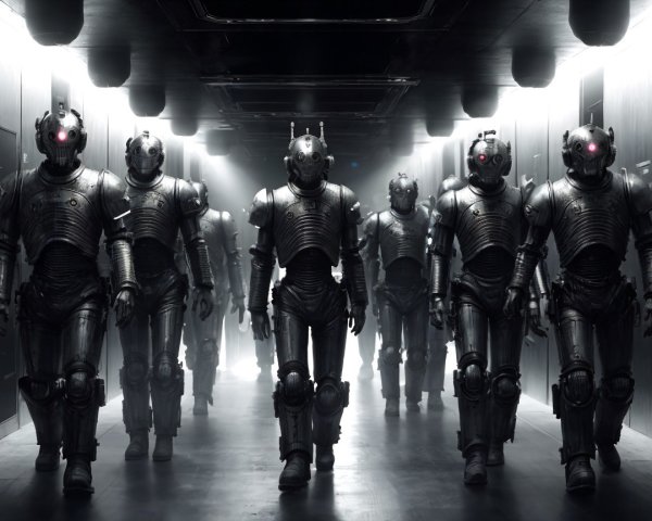 Robots in Reflective Armor Marching in Dim Corridor