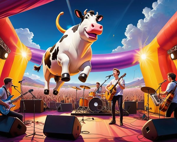 Vibrant Concert Scene with Band and Floating Cow