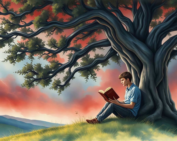 Solitary Young Man Reading Under Ancient Tree