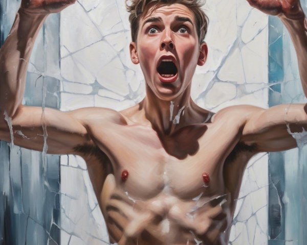 Young man screaming against shattered glass backdrop