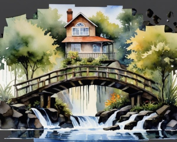 Watercolor Landscape of House on Hill with Stream