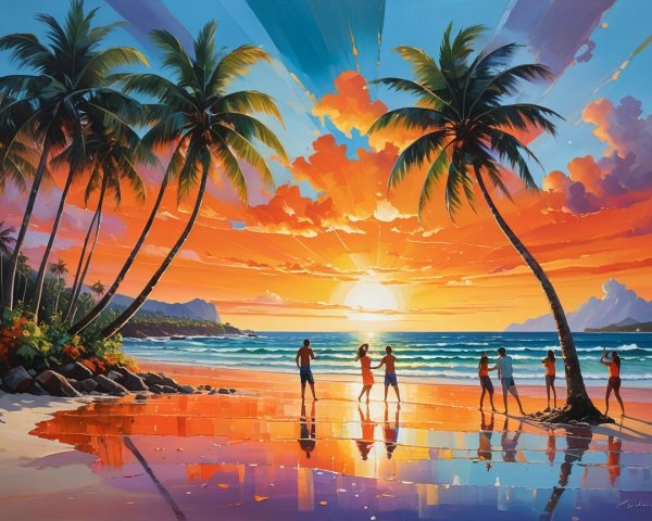 Vibrant Beach Sunset with Silhouetted Figures and Palm Trees