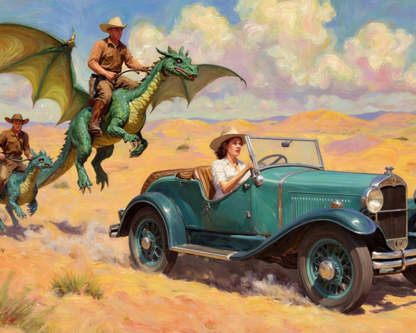 Desert Scene with Vintage Car and Dragons