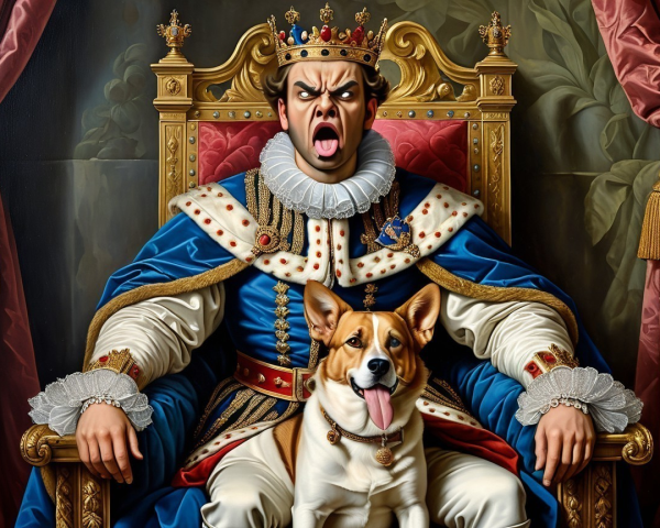 Regal figure on throne with corgi in lush foliage