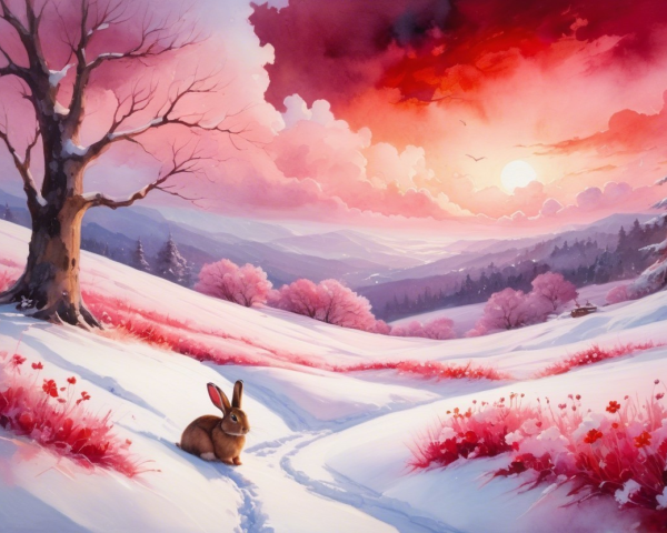 Serene winter landscape with snow, flowers, and sunset
