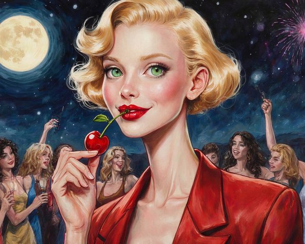 Digital painting of a woman in festive night celebration