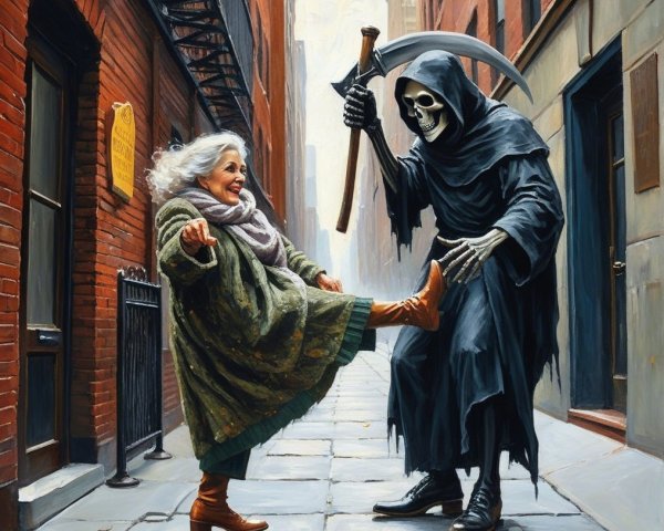 Elderly Woman Playfully Interacts with Death Figure