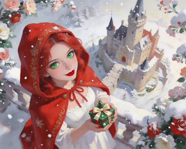 Fantasy Scene of Woman on Snowy Balcony with Castle