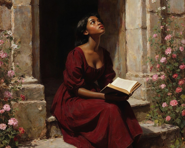 Young Woman in Red Gown by Flowering Archway