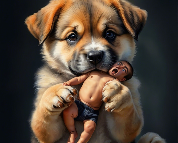 Fluffy Puppy and Baby in Whimsical Scene
