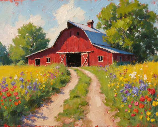 Impressionistic Oil Painting of a Red Barn in Countryside
