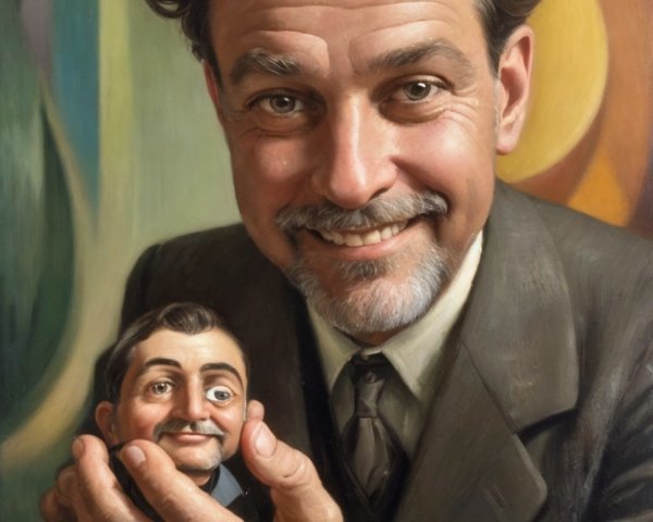 Man in Vintage Suit with Miniature Wooden Figure